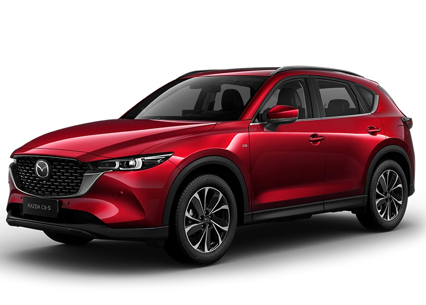 Красная Mazda CX-5, вид спереди и сбоку